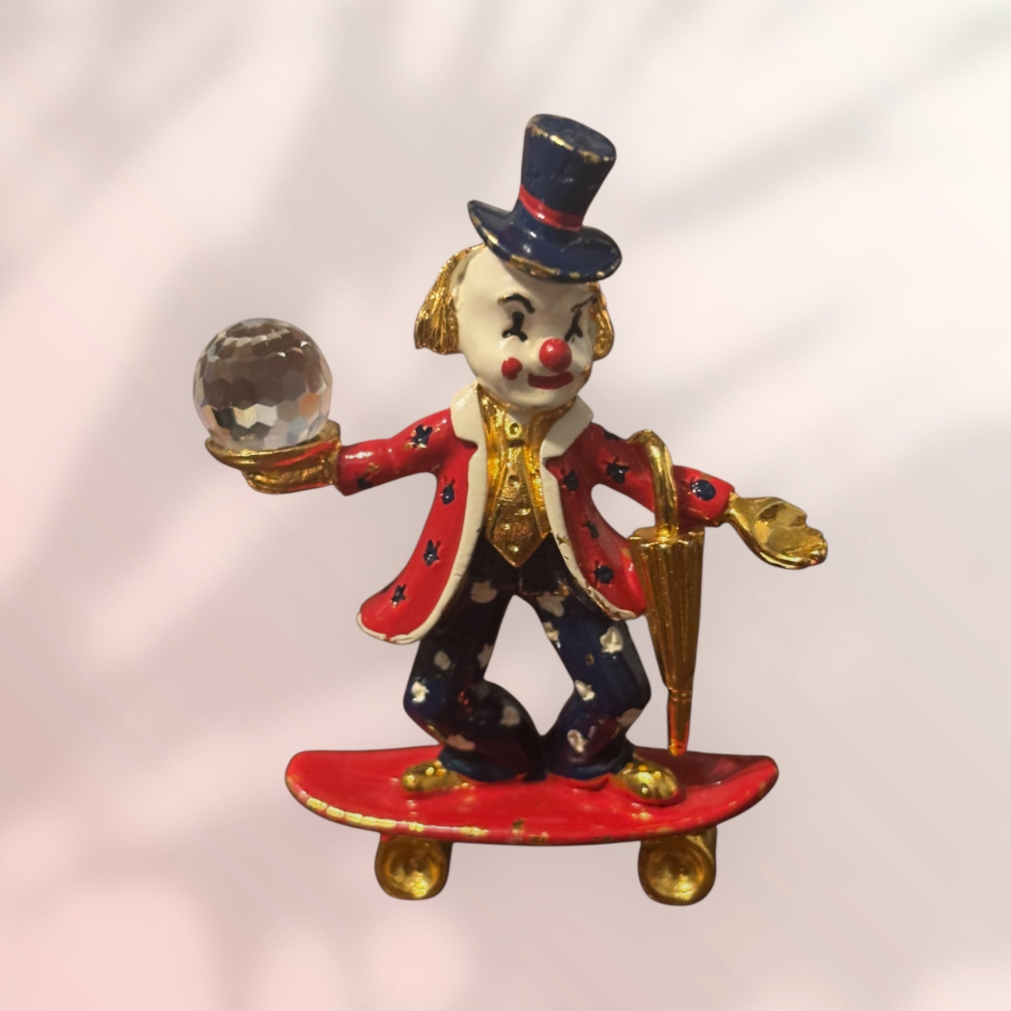 Spoontiques Pewter Clown on skateboard Swarovski Crystal Hand-Painted Gold Plate 1987