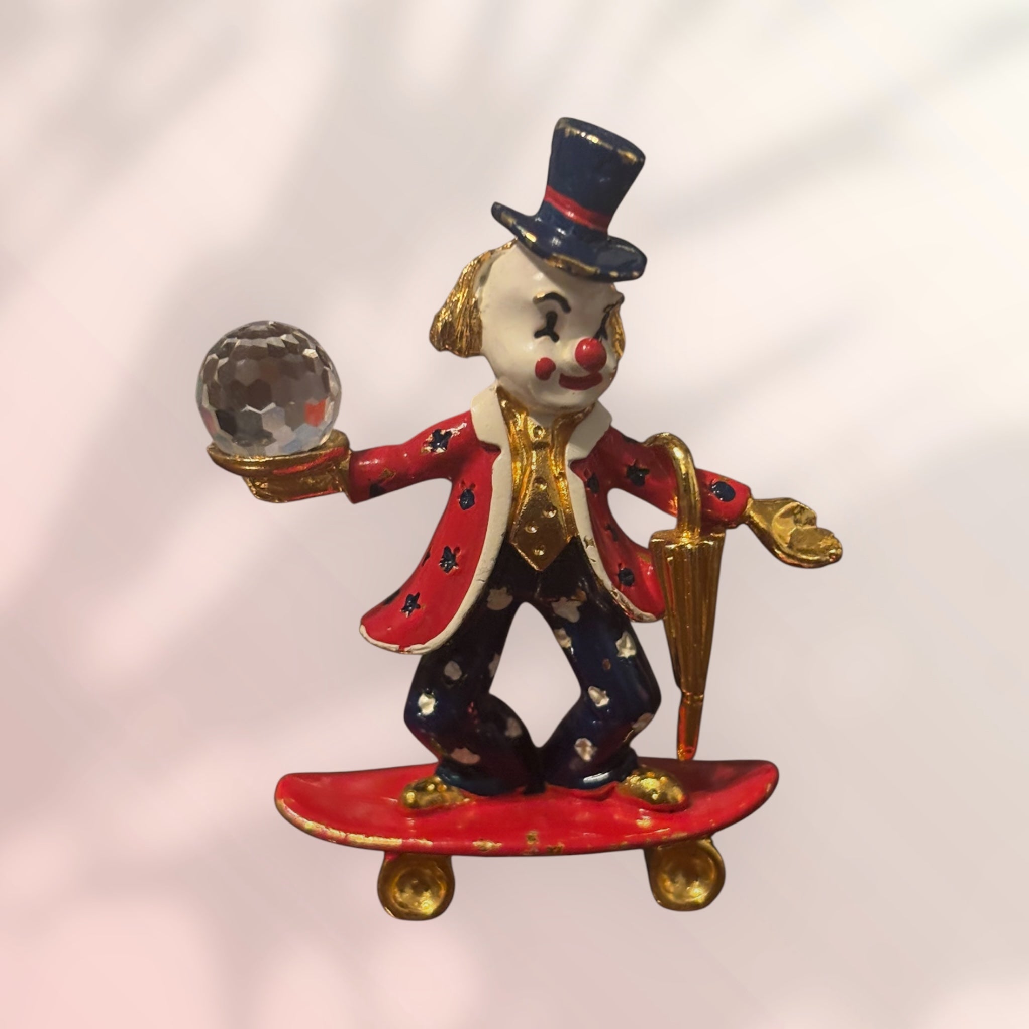 Spoontiques Pewter Clown on skateboard Swarovski Crystal Hand-Painted Gold Plate 1987