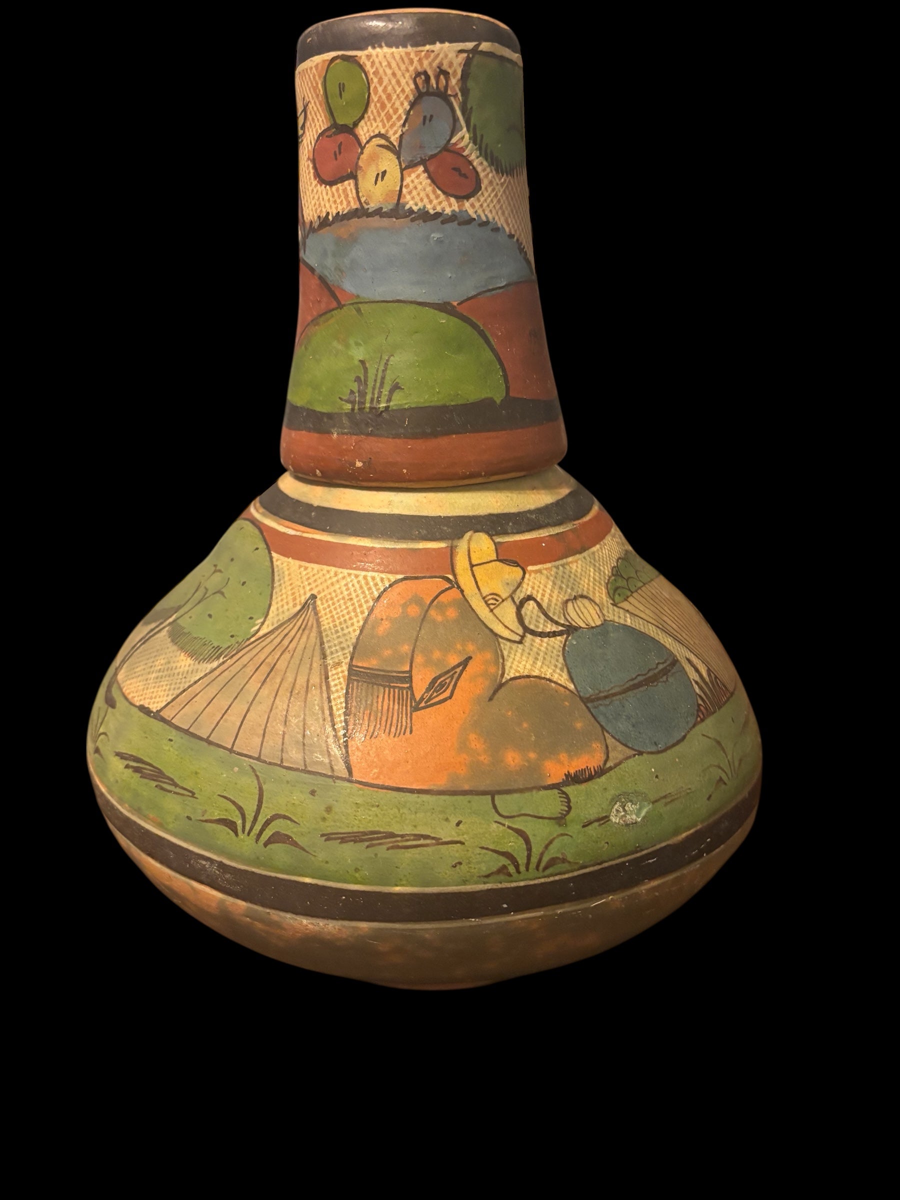 Vintage Hand-Made Hand- Painted Mexican Tlaquepaqoe Pottery Water Jug with Cup Lid