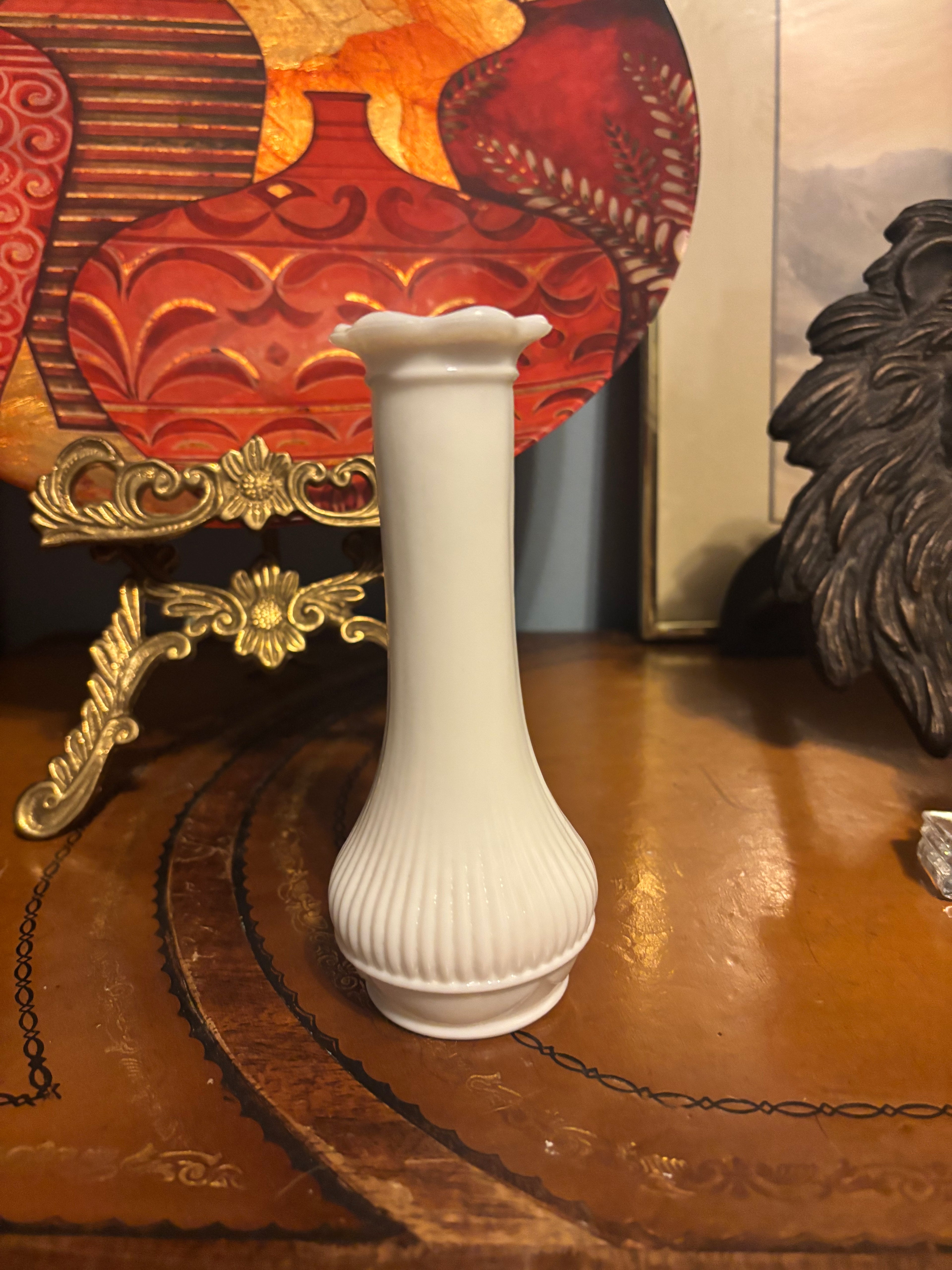 Vintage Randall Glass White Milk Glass Bud Vase with scalloped rim