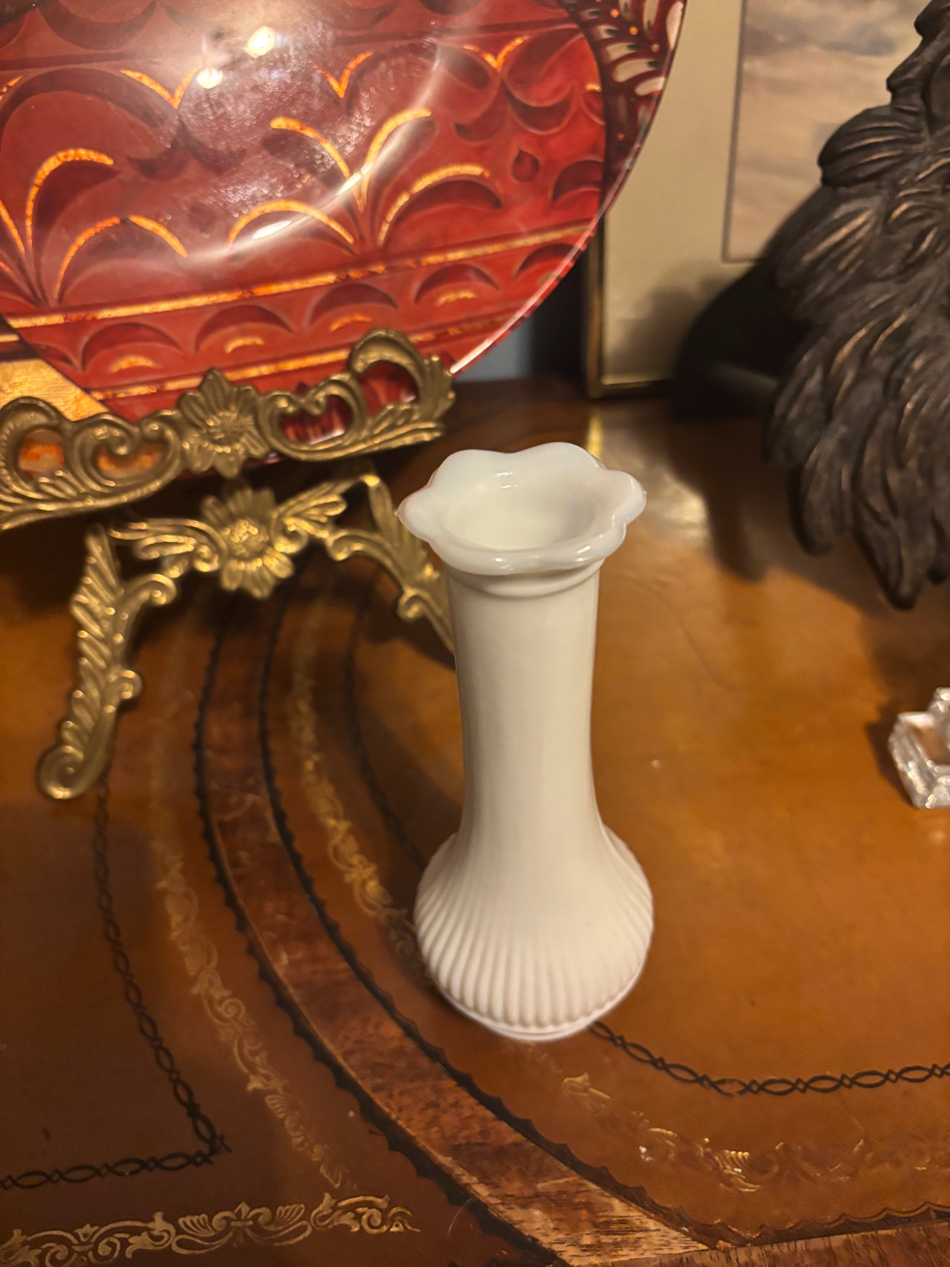 Vintage Randall Glass White Milk Glass Bud Vase with scalloped rim