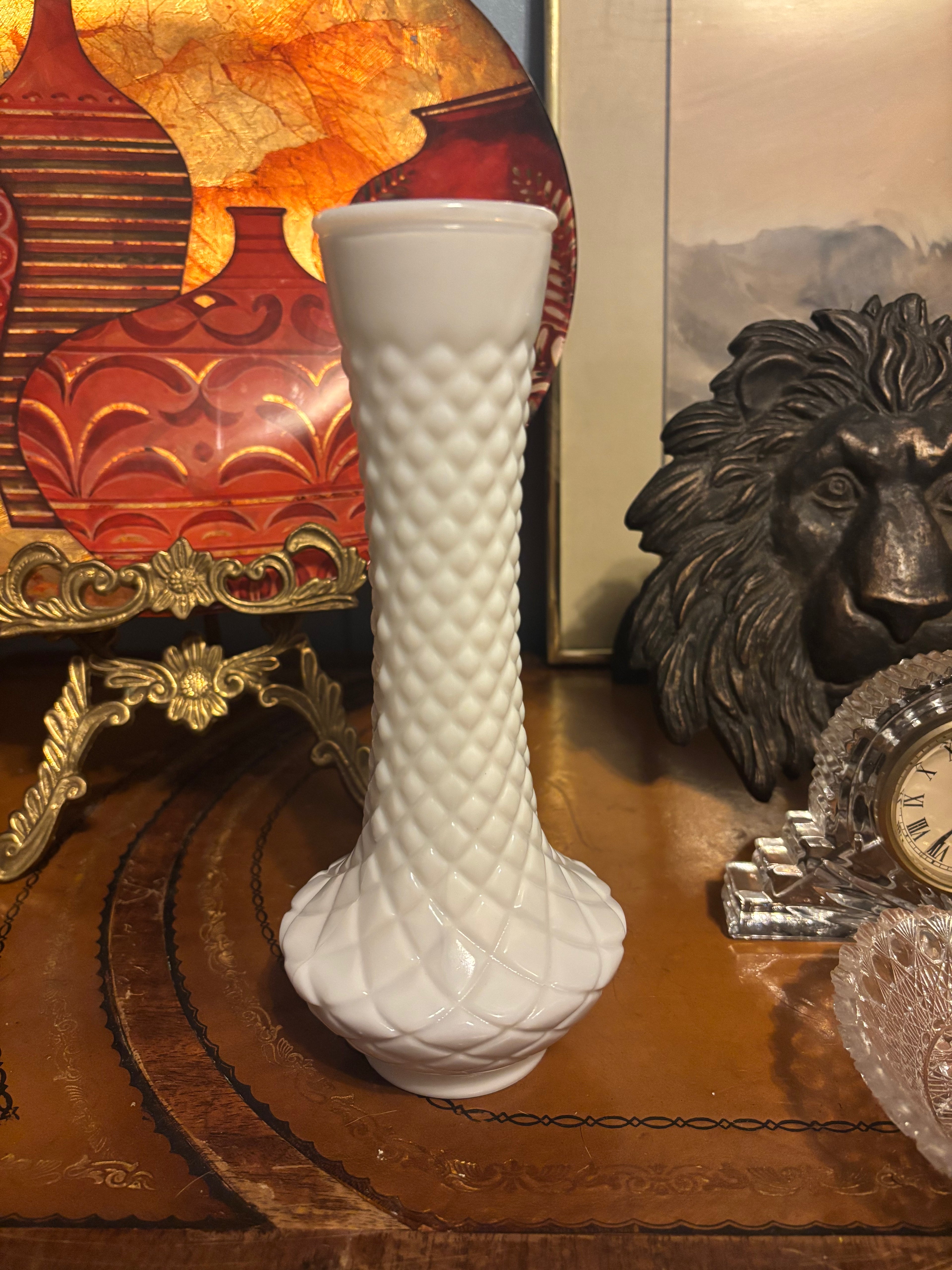 Vintage Randall Glass diamond pattern Milk Glass Vase