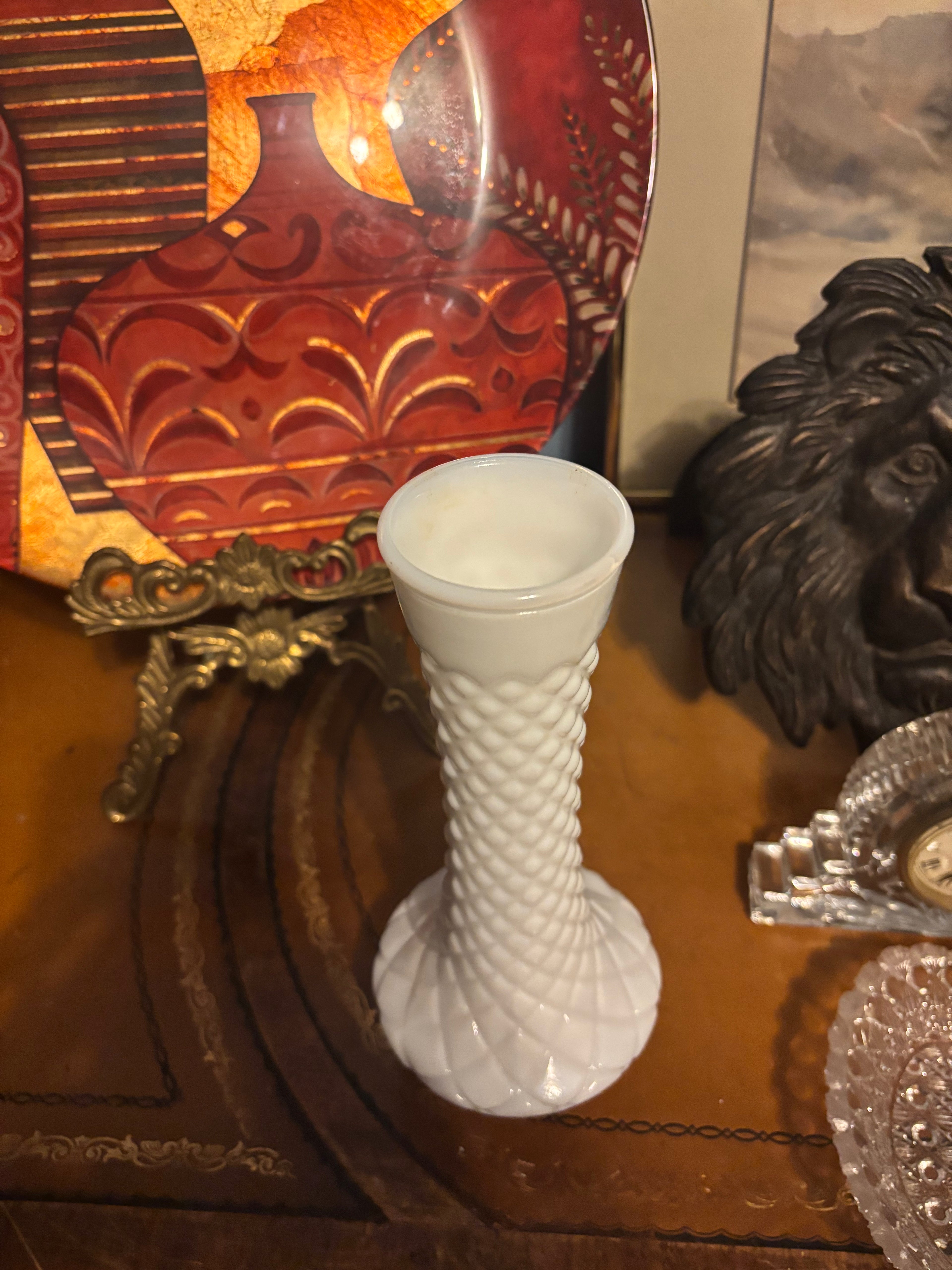 Vintage Randall Glass diamond pattern Milk Glass Vase