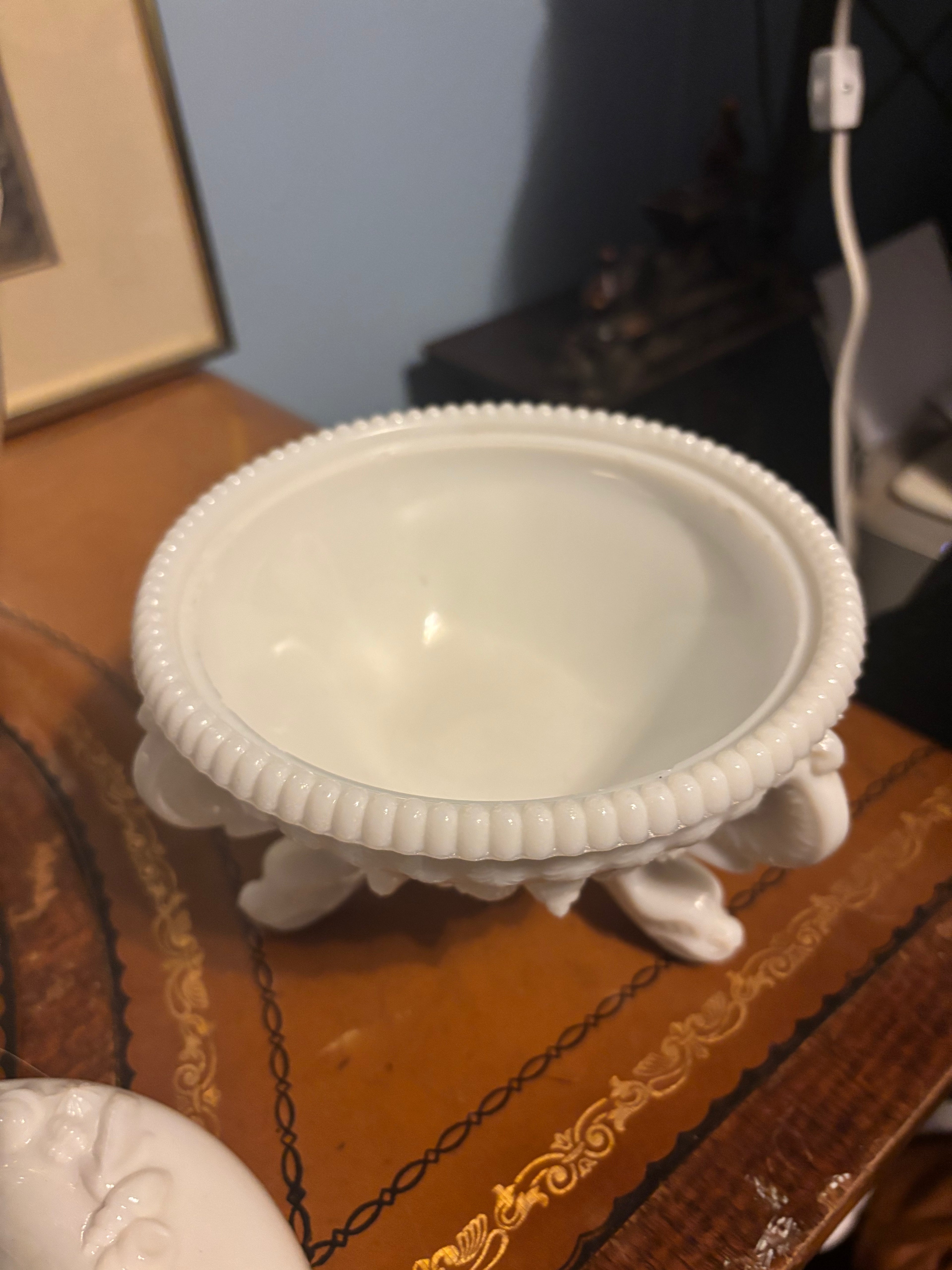 Vintage Westmoreland Argonaut candy dish seashell lid and serpent dragon 3 footed