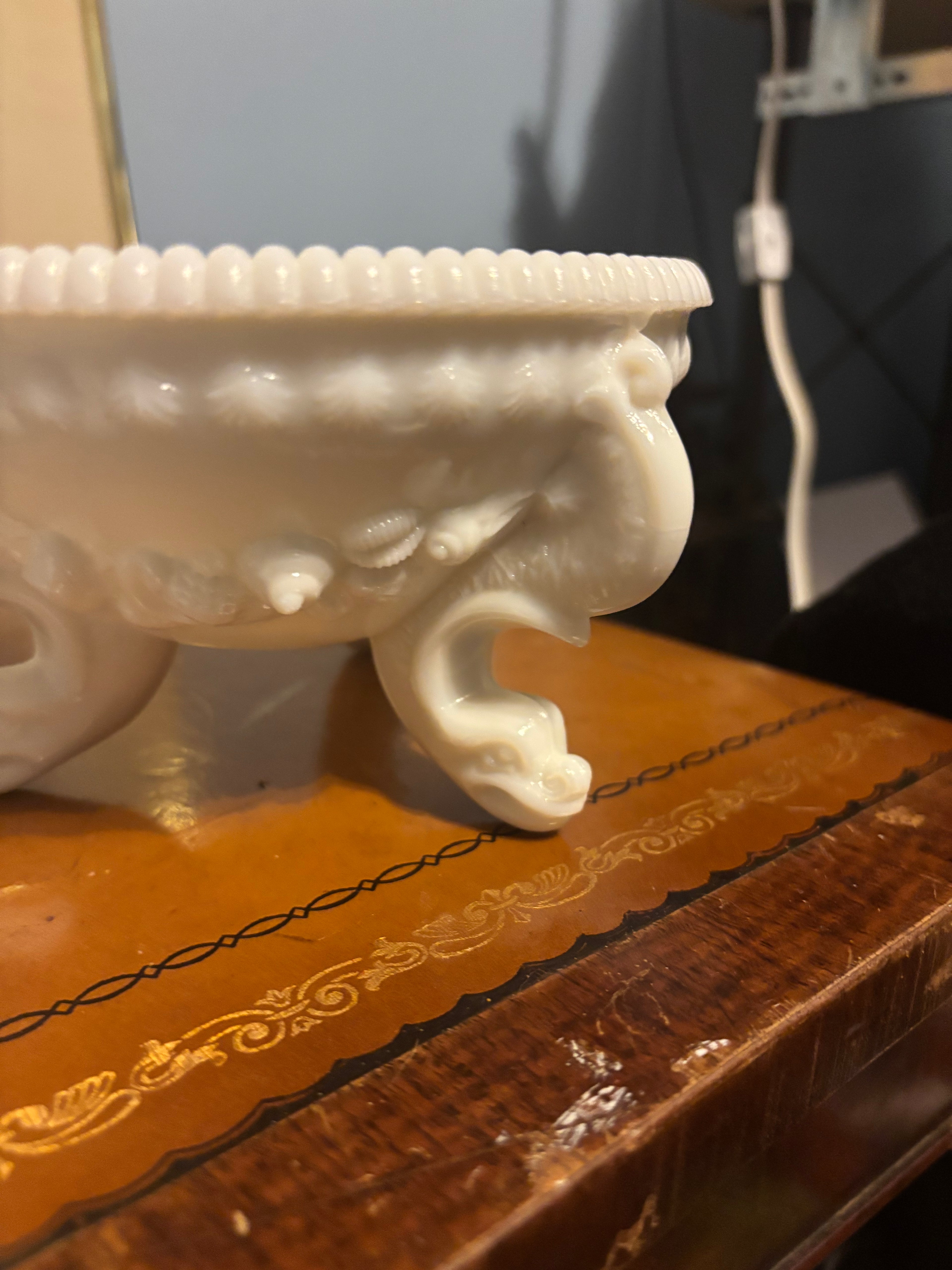 Vintage Westmoreland Argonaut candy dish seashell lid and serpent dragon 3 footed