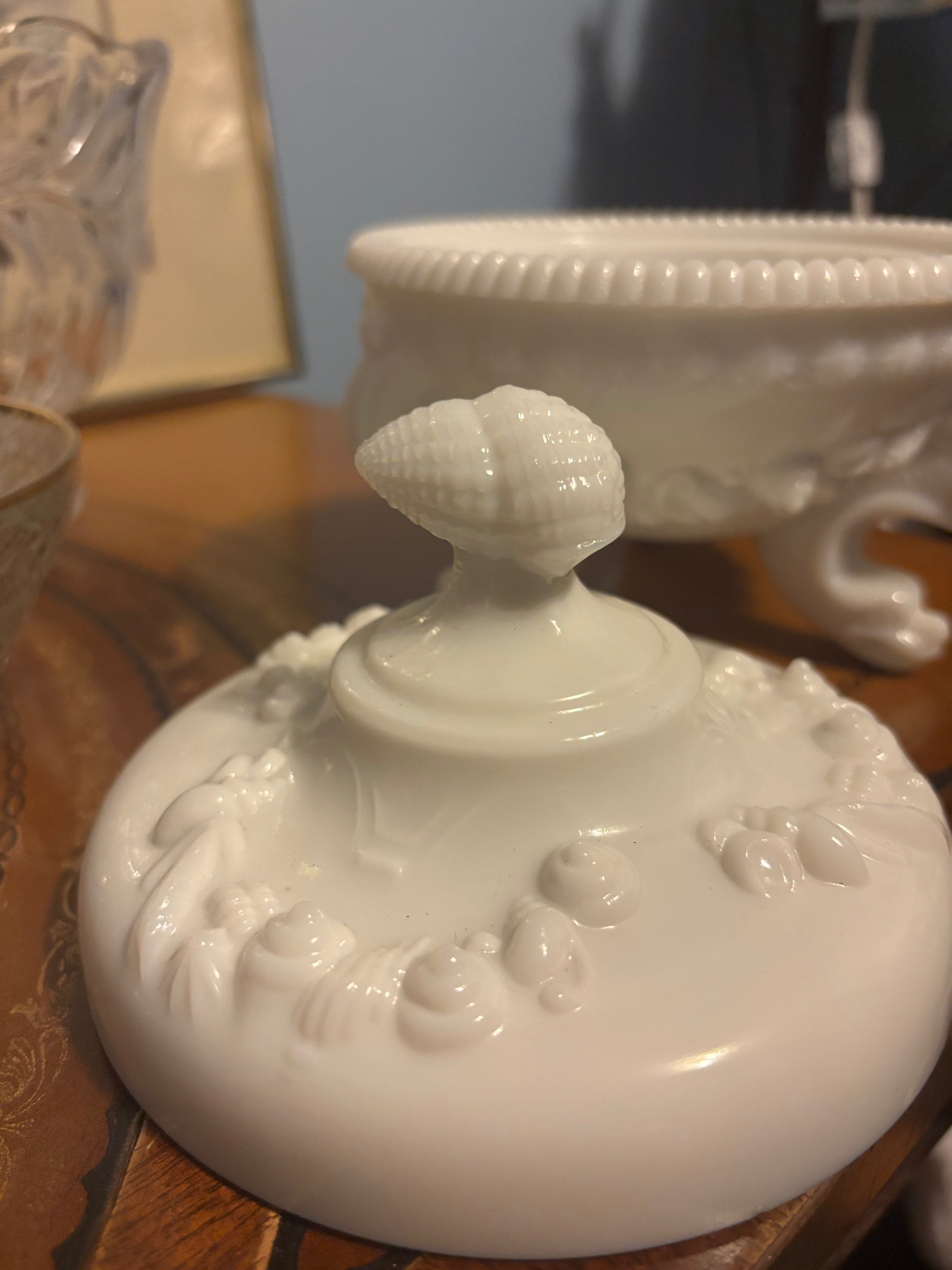 Vintage Westmoreland Argonaut candy dish seashell lid and serpent dragon 3 footed