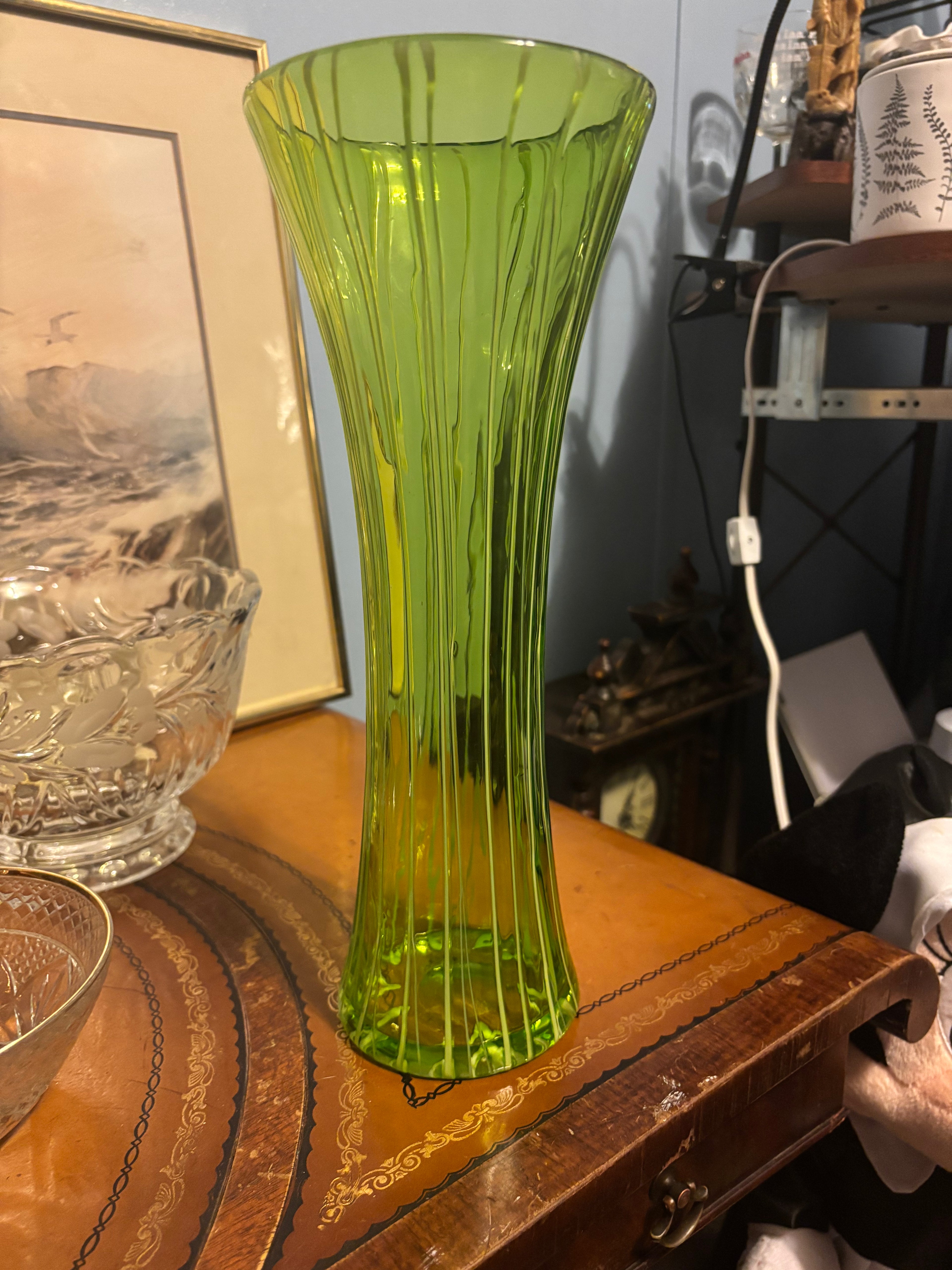 Vintage Green and White Striped Vase Handmade by Artist CO. OP