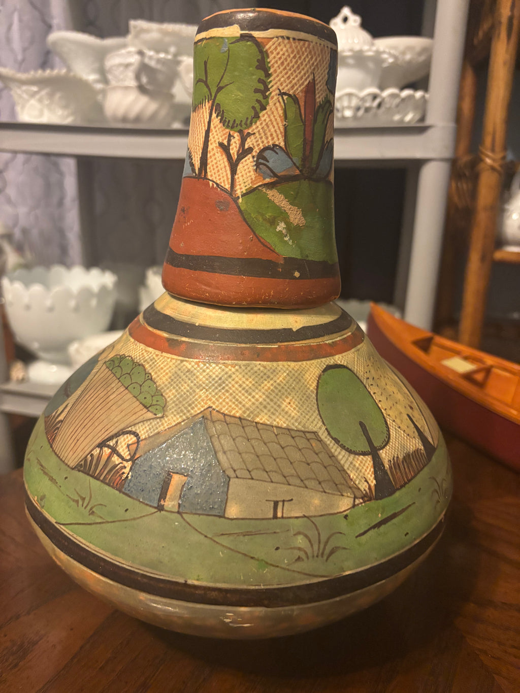 Vintage Hand-Made Hand- Painted Mexican Tlaquepaqoe Pottery Water Jug with Cup Lid