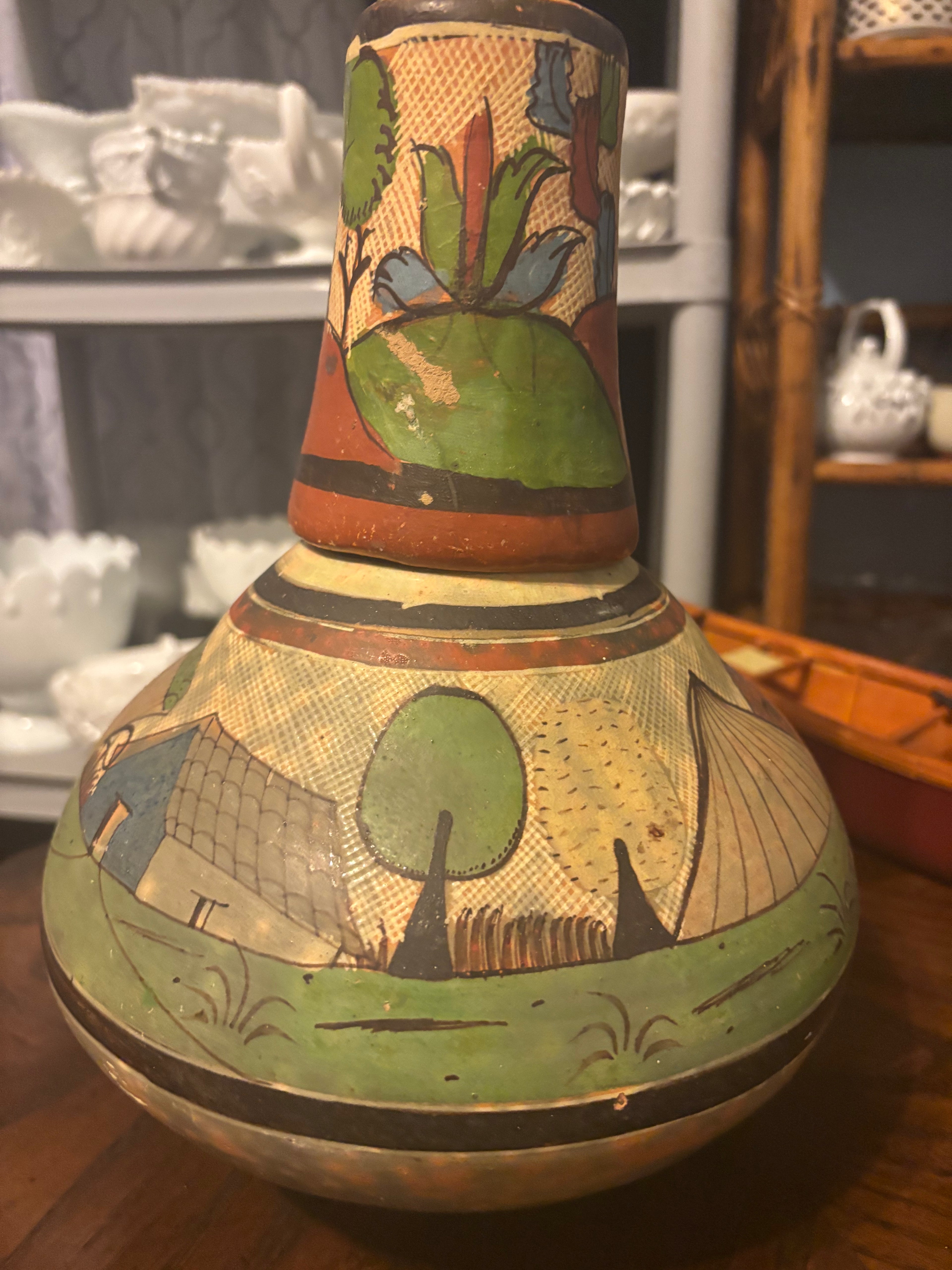 Vintage Hand-Made Hand- Painted Mexican Tlaquepaqoe Pottery Water Jug with Cup Lid