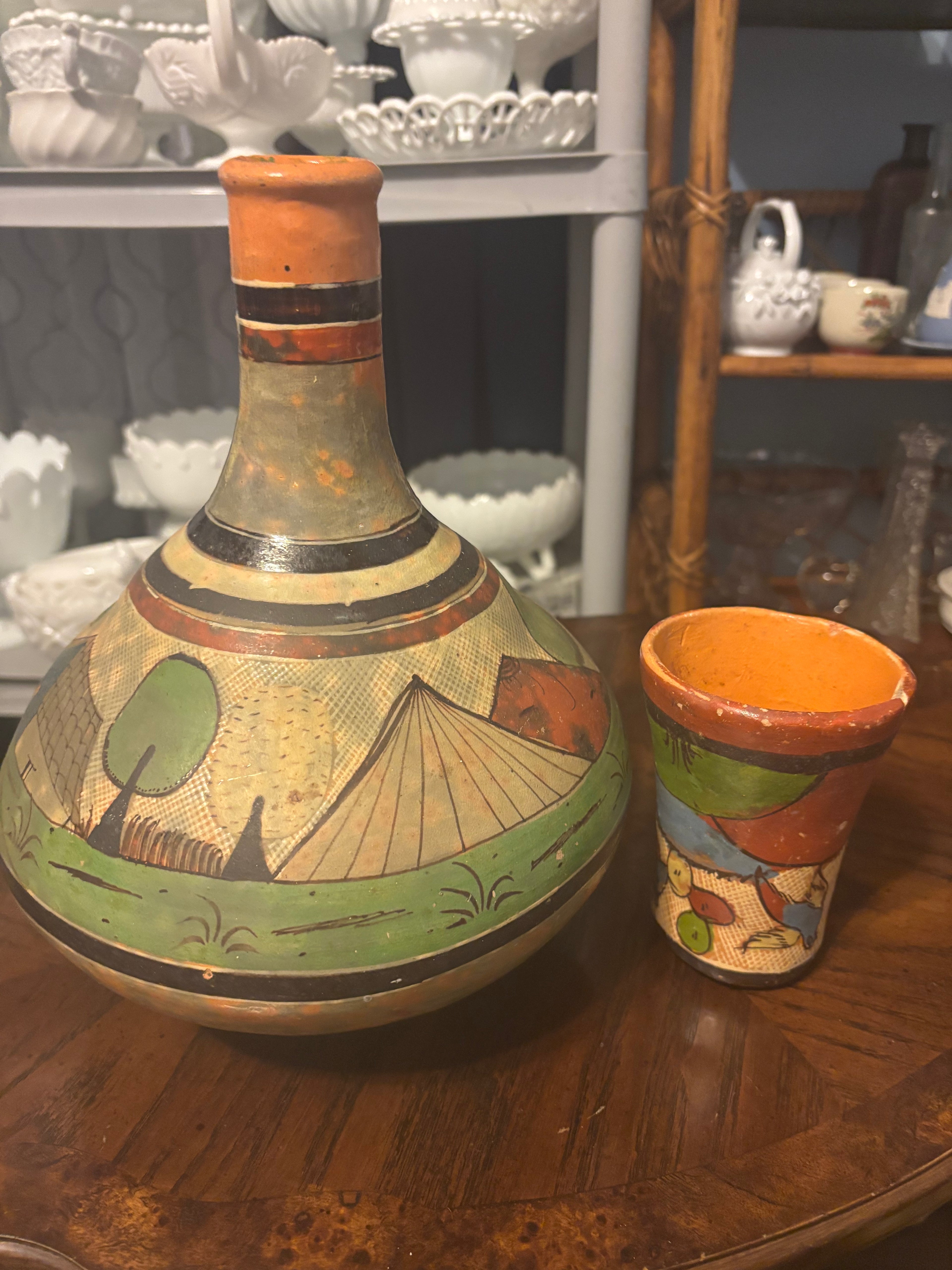 Vintage Hand-Made Hand- Painted Mexican Tlaquepaqoe Pottery Water Jug with Cup Lid