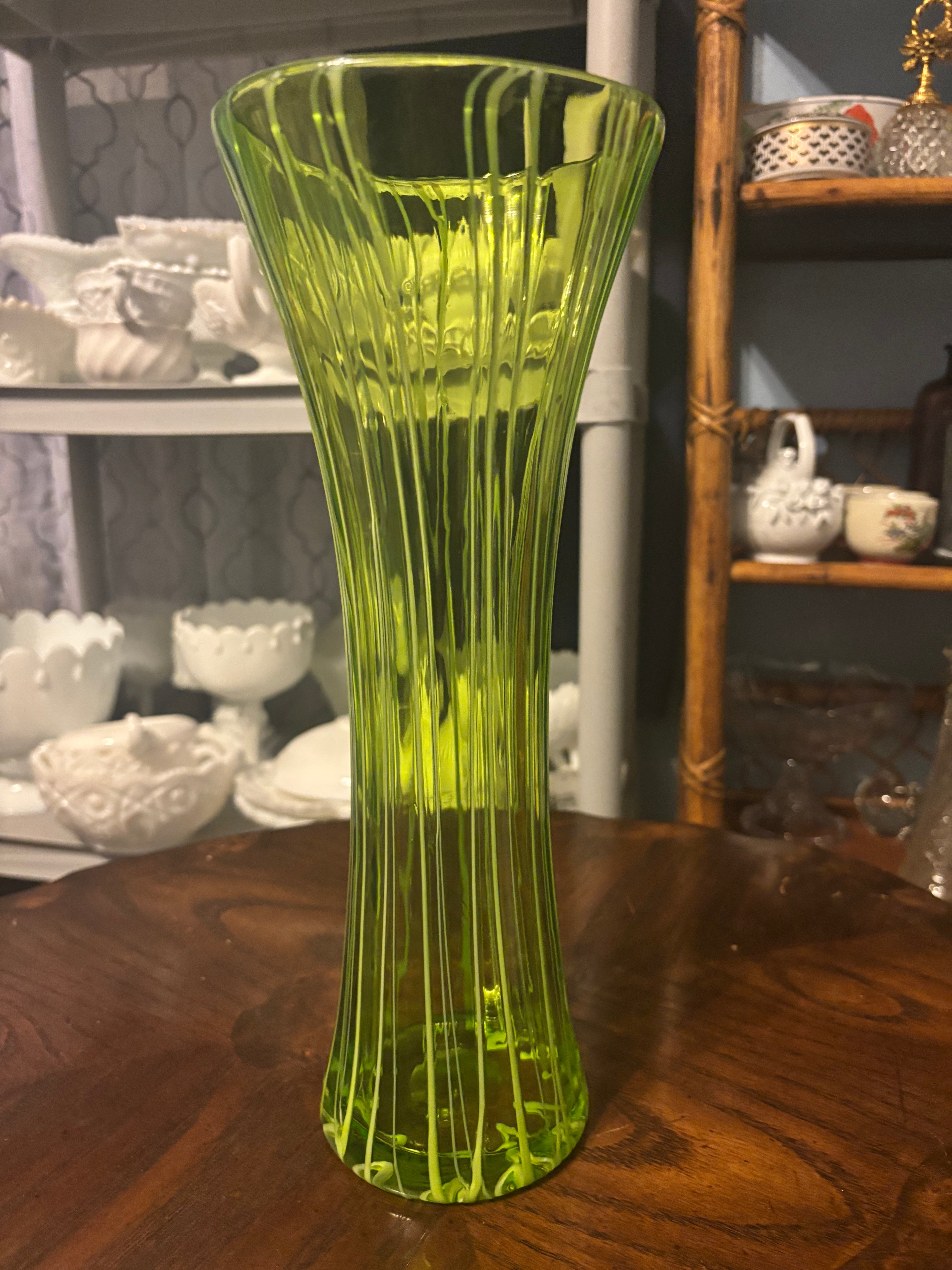 Vintage Green and White Striped Vase Handmade by Artist CO. OP
