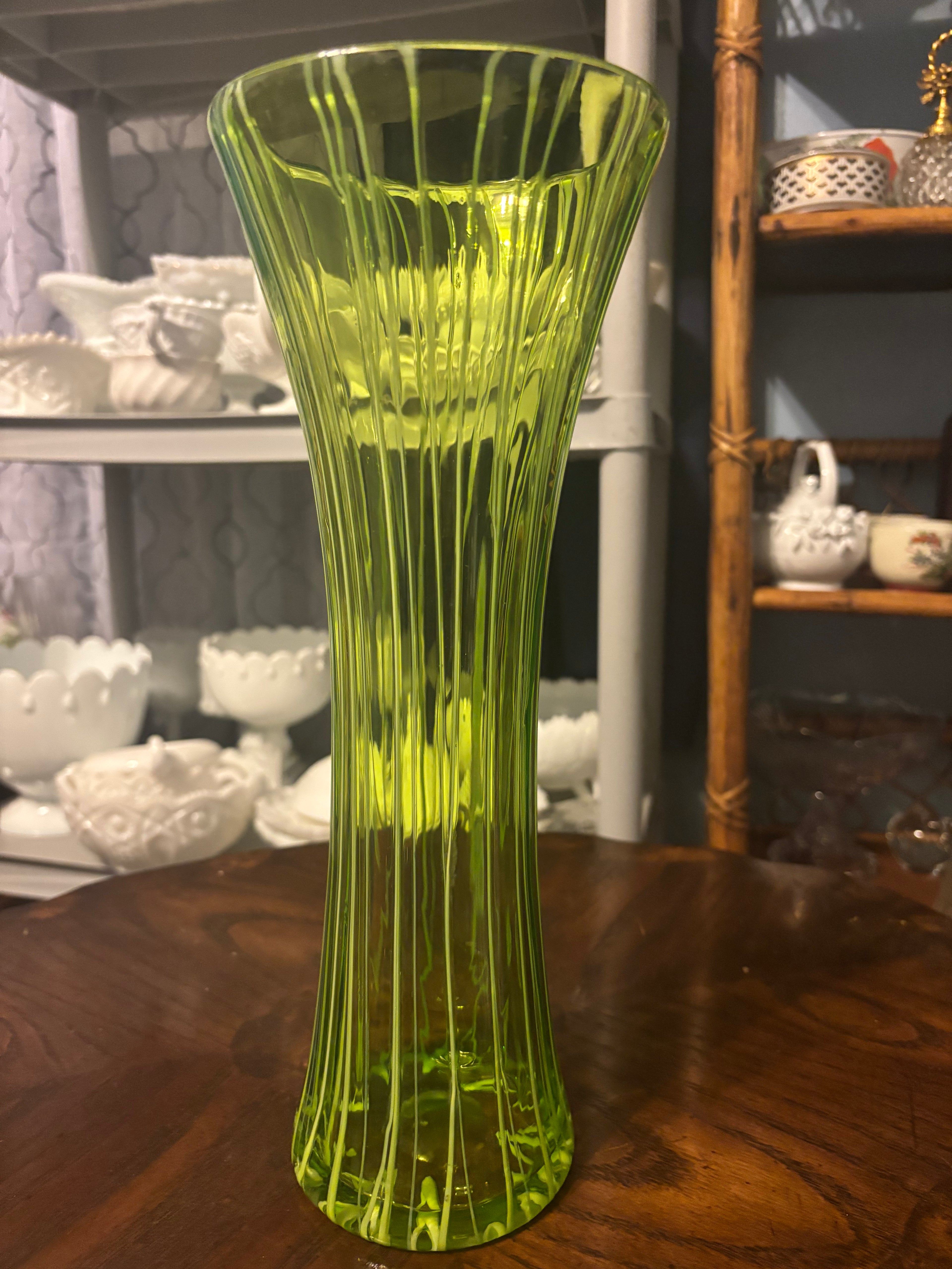 Vintage Green and White Striped Vase Handmade by Artist CO. OP
