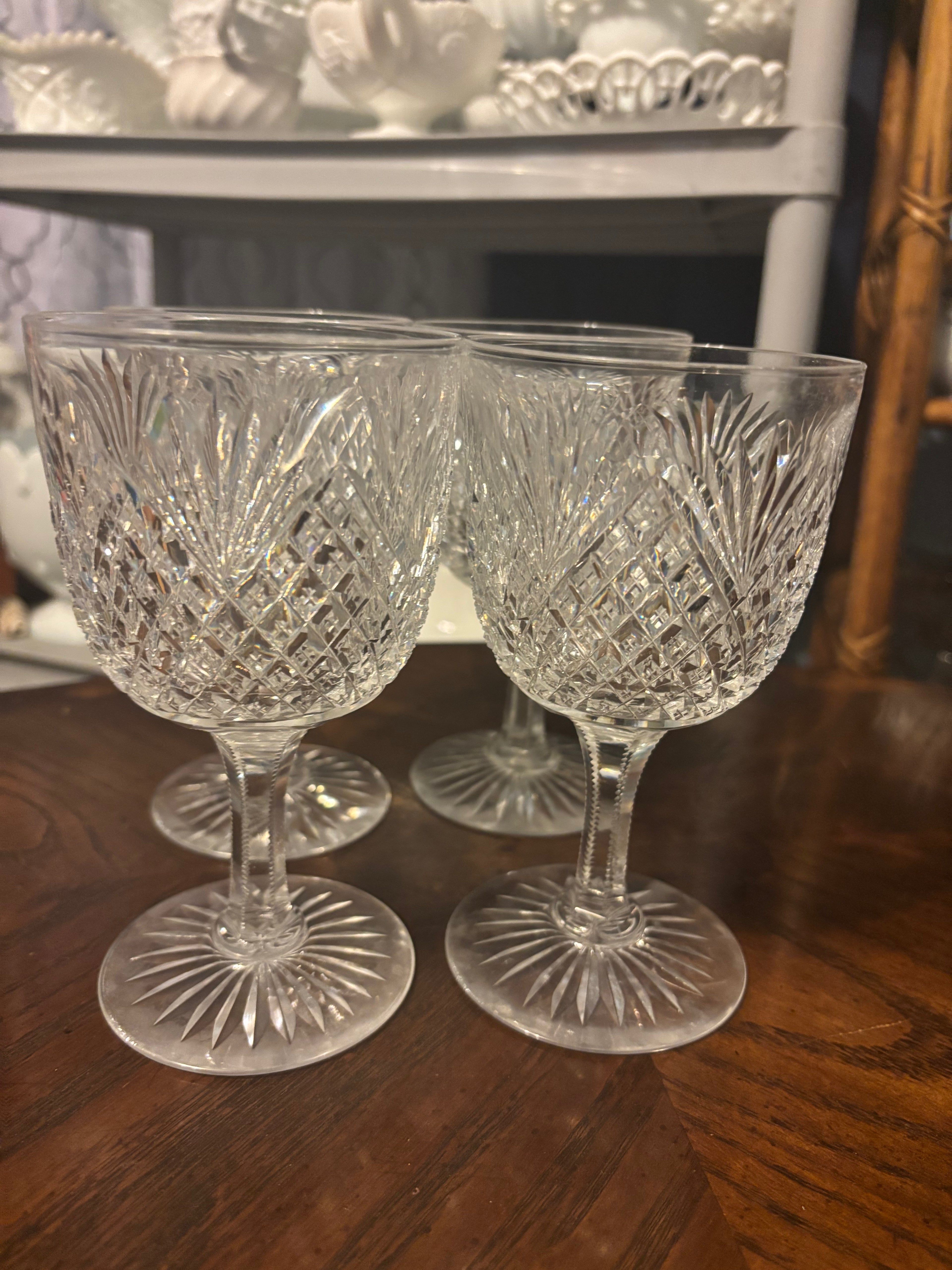 Set of 4 American Brilliant Cut Glass Hawkes Strawberry Diamond Pattern Wine/Water Goblet