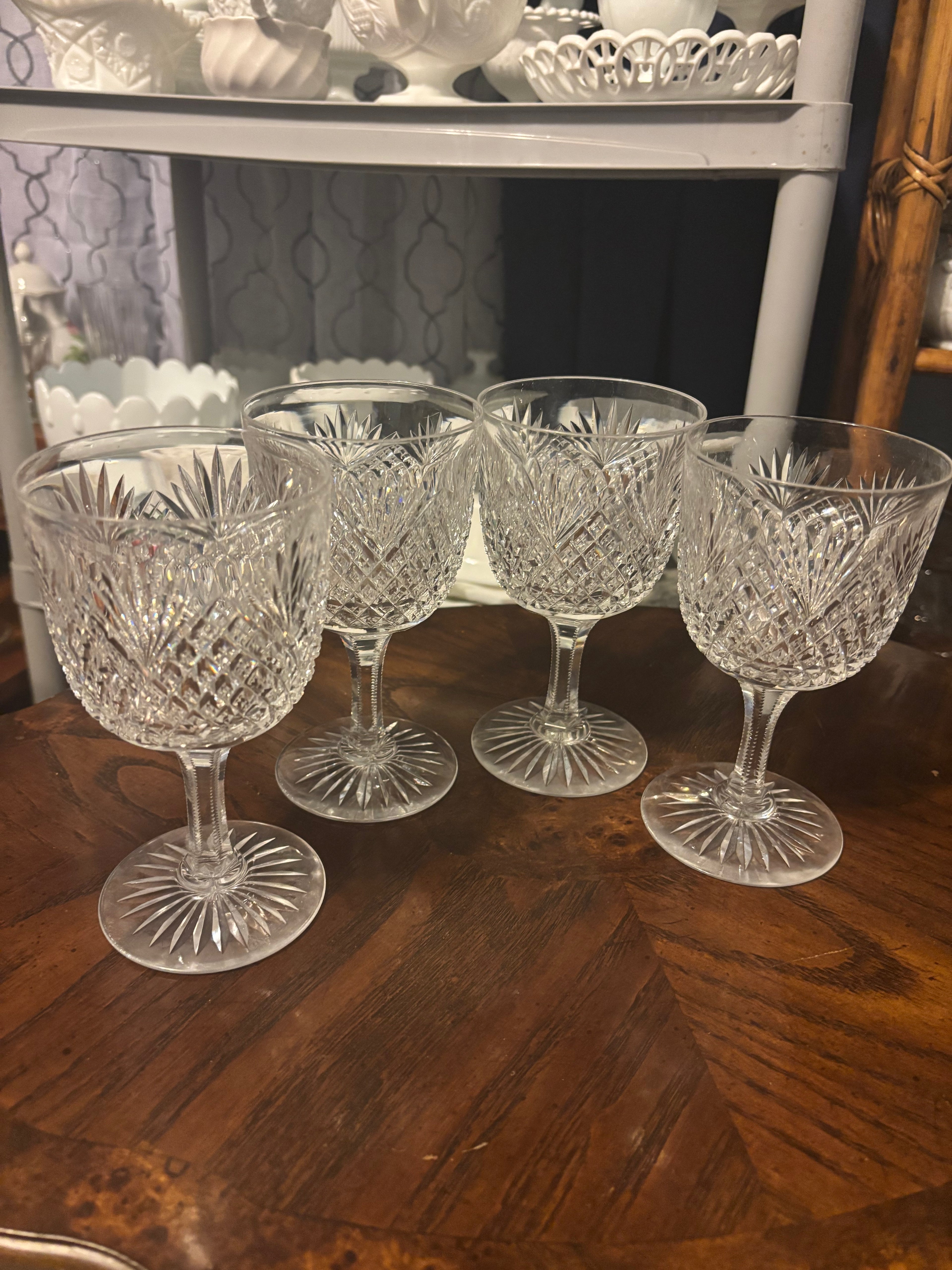 Set of 4 American Brilliant Cut Glass Hawkes Strawberry Diamond Pattern Wine/Water Goblet