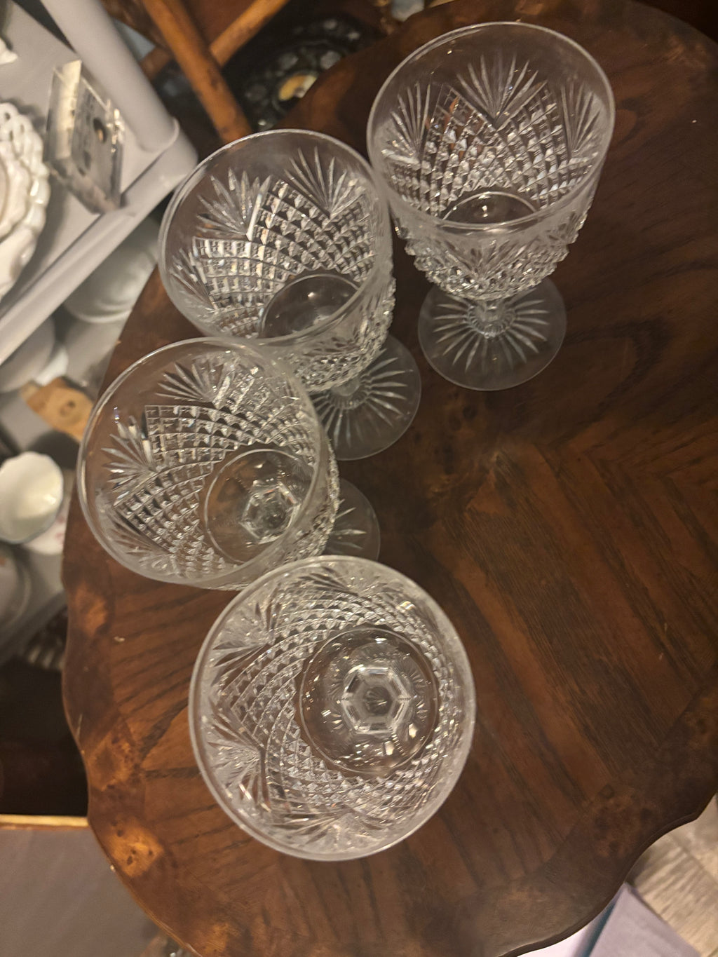 Set of 4 American Brilliant Cut Glass Hawkes Strawberry Diamond Pattern Wine/Water Goblet
