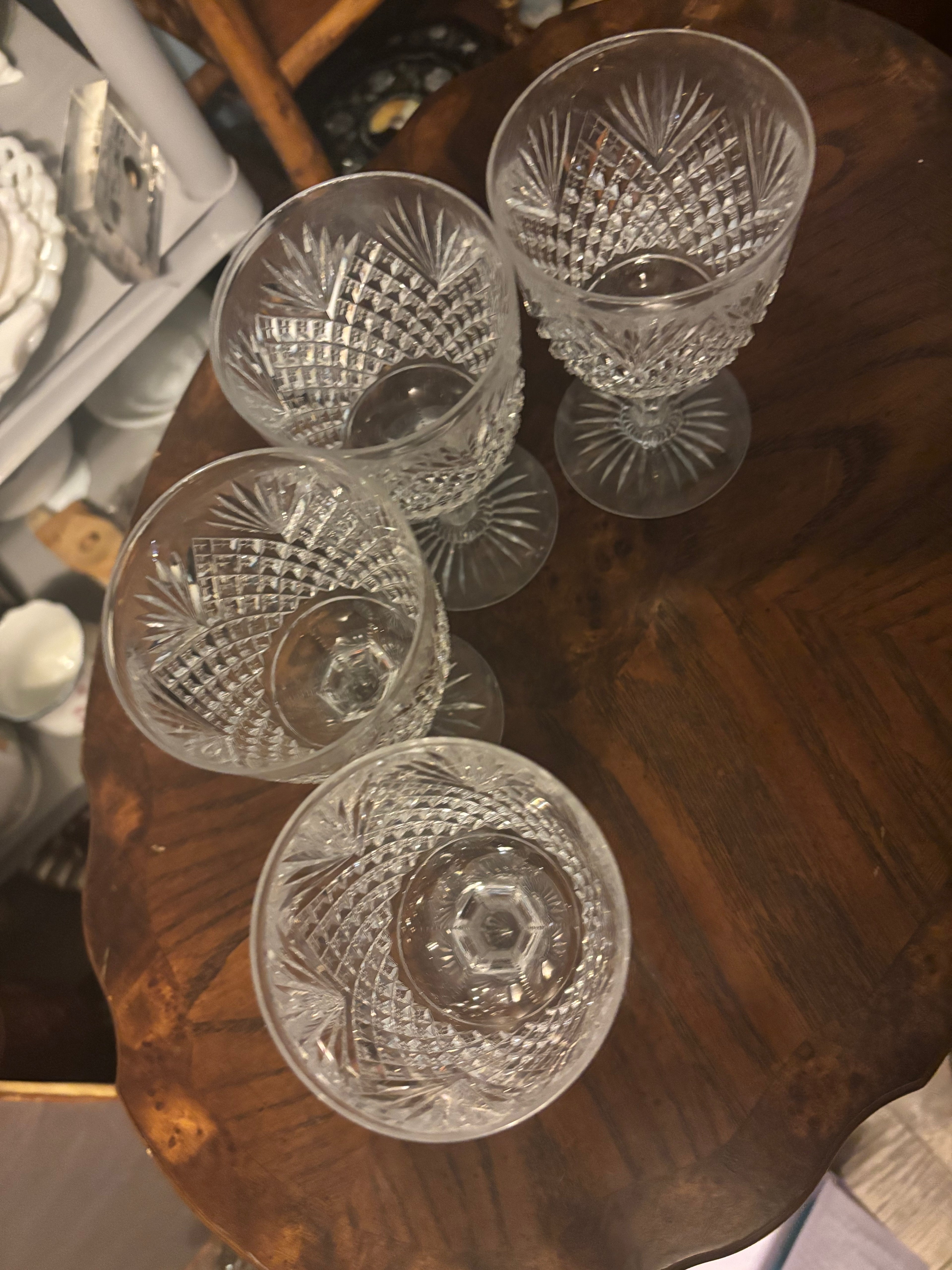 Set of 4 American Brilliant Cut Glass Hawkes Strawberry Diamond Pattern Wine/Water Goblet