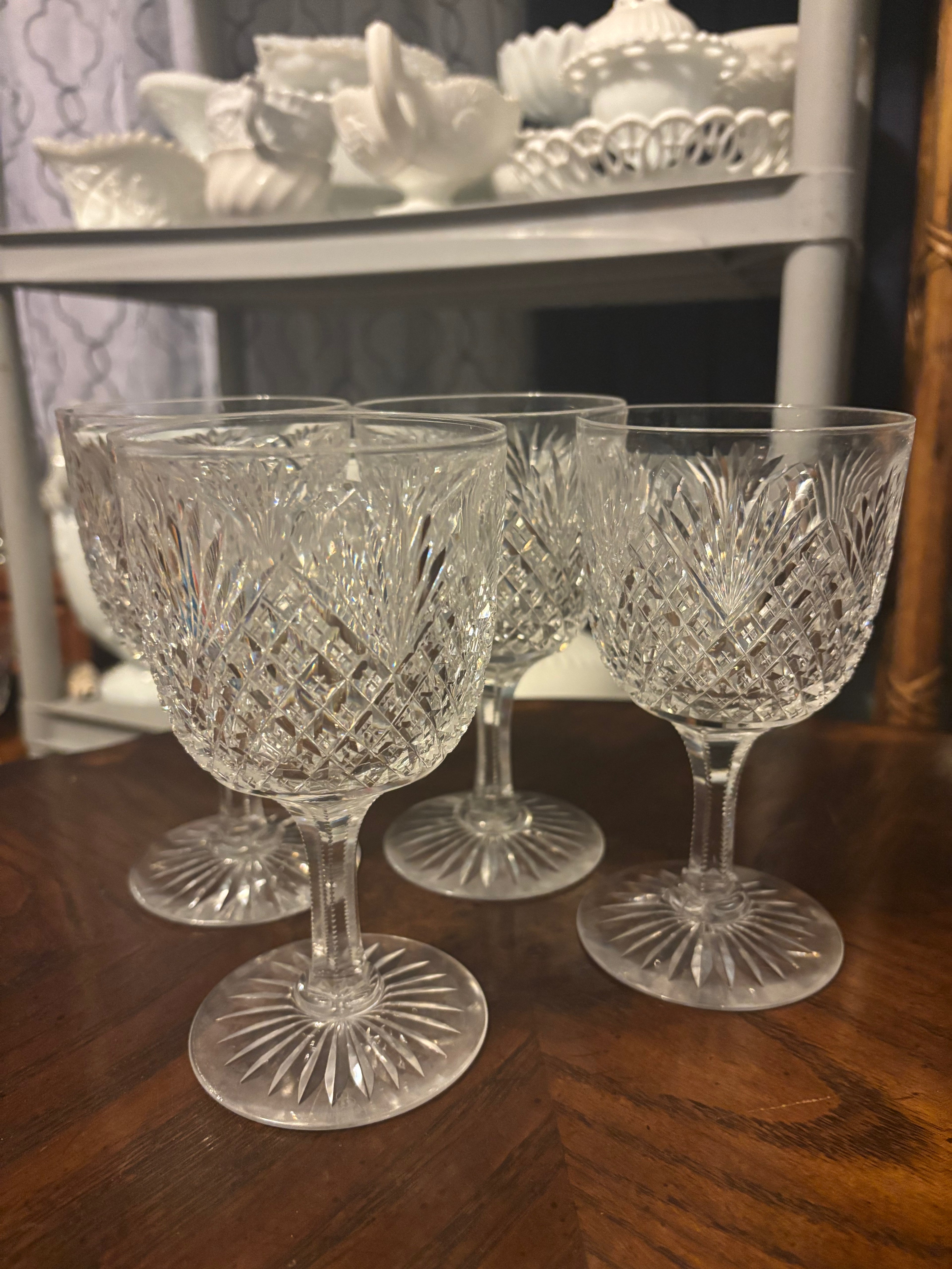Set of 4 American Brilliant Cut Glass Hawkes Strawberry Diamond Pattern Wine/Water Goblet