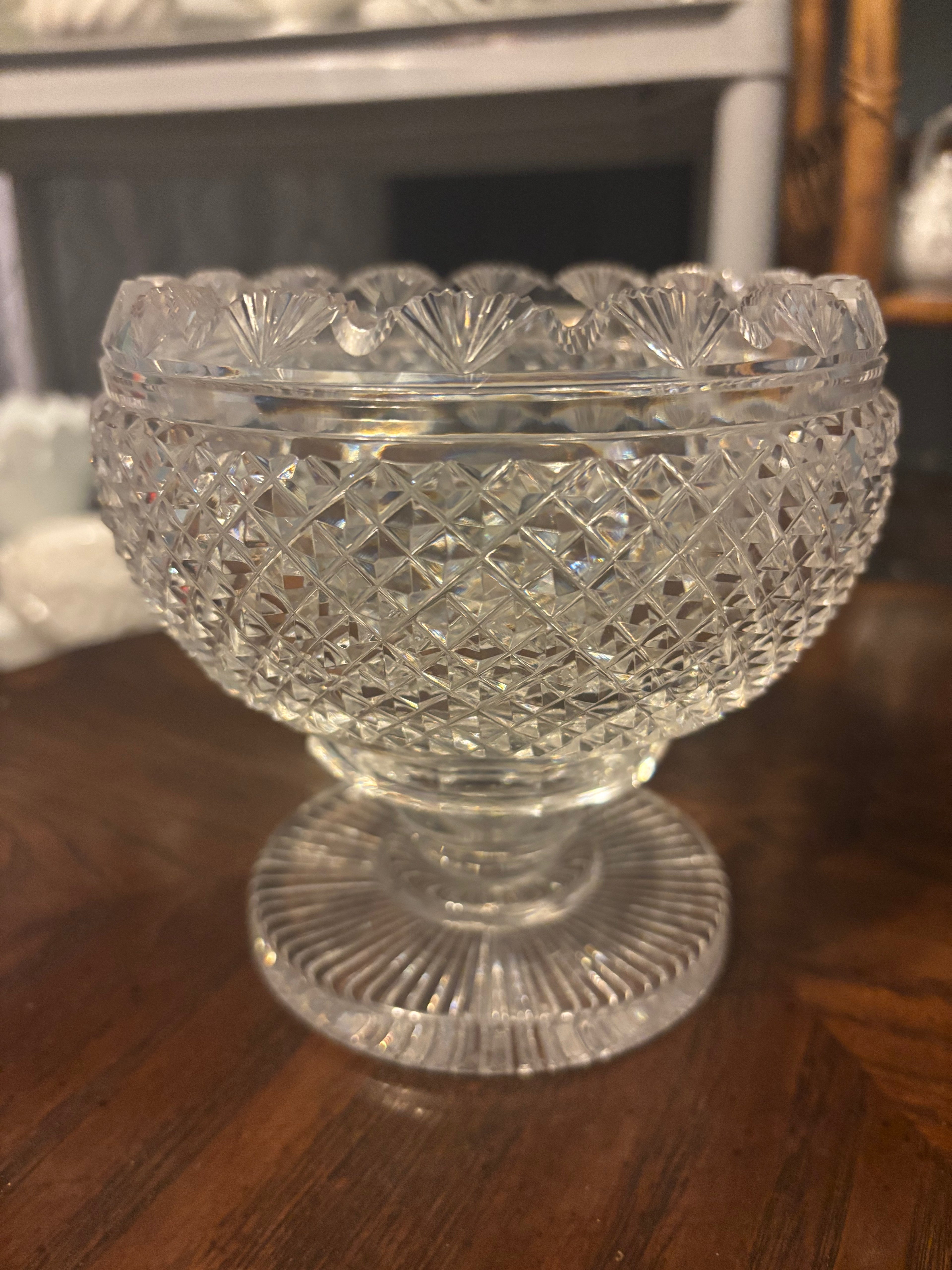 Brilliant Waterford Crystal Prestige Collection footed Fruit Bowl. Waterford cataloged as #2971751 scalloped rim with a crisscross pattern