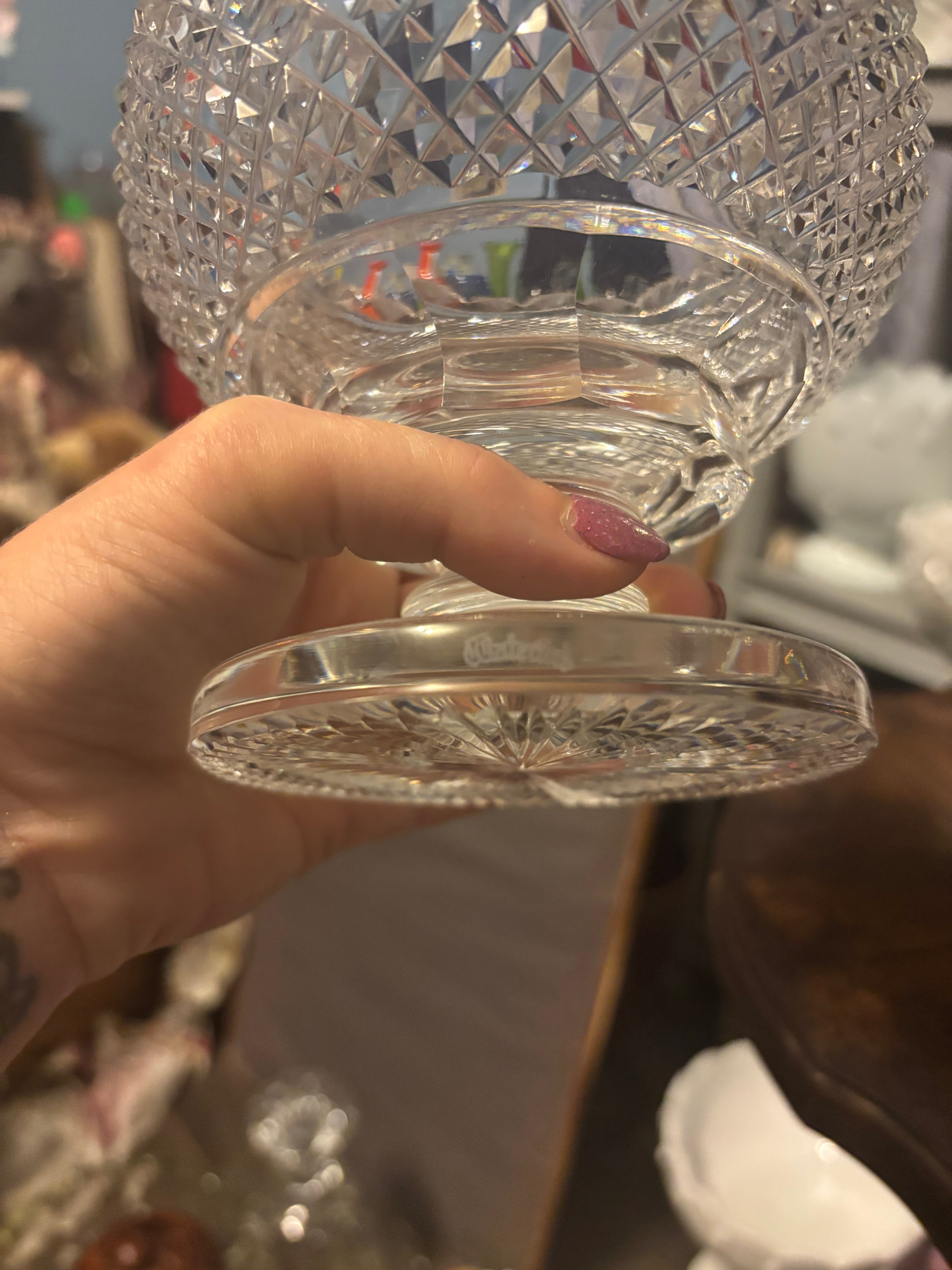 Brilliant Waterford Crystal Prestige Collection footed Fruit Bowl. Waterford cataloged as #2971751 scalloped rim with a crisscross pattern