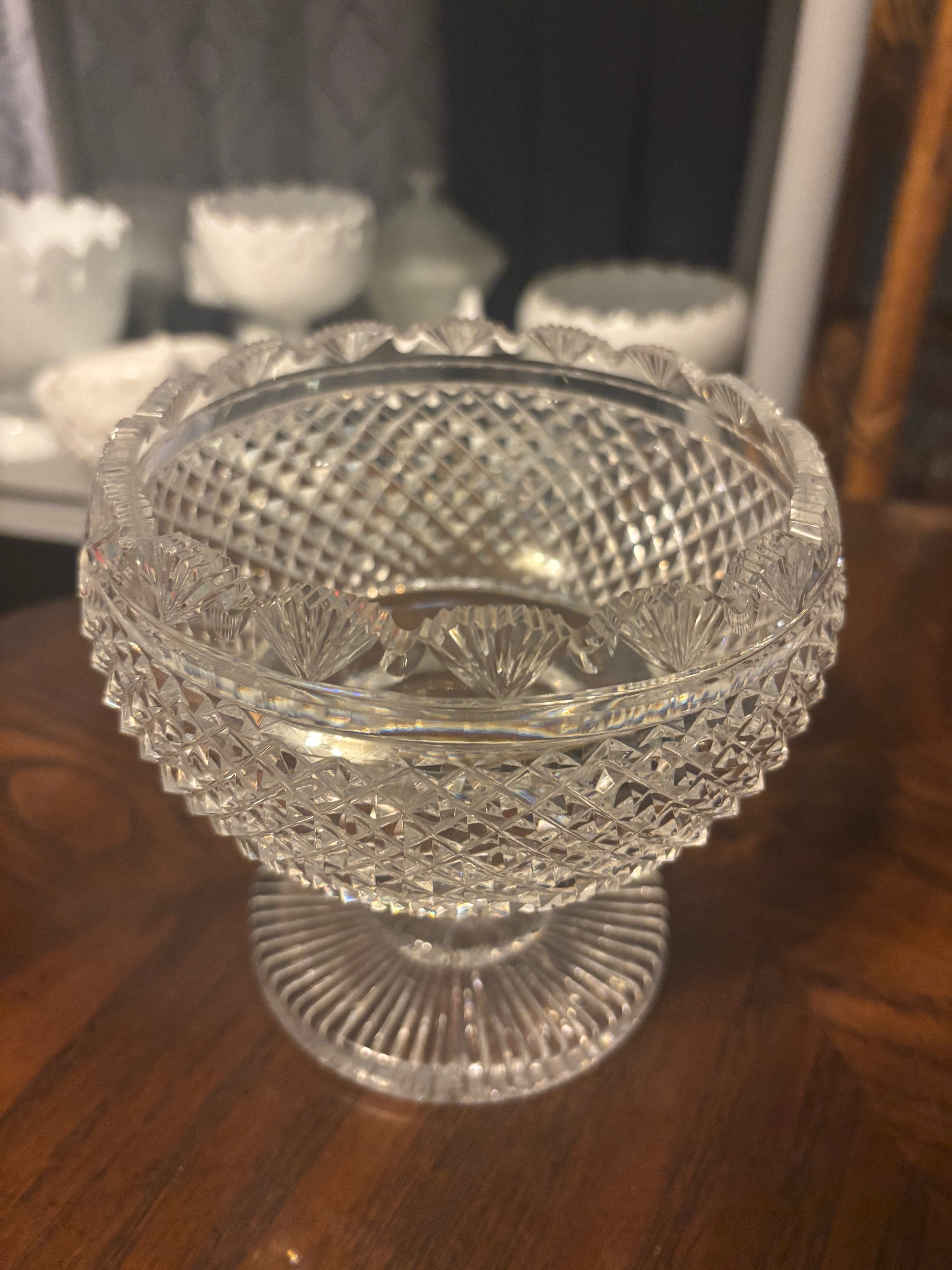 Brilliant Waterford Crystal Prestige Collection footed Fruit Bowl. Waterford cataloged as #2971751 scalloped rim with a crisscross pattern