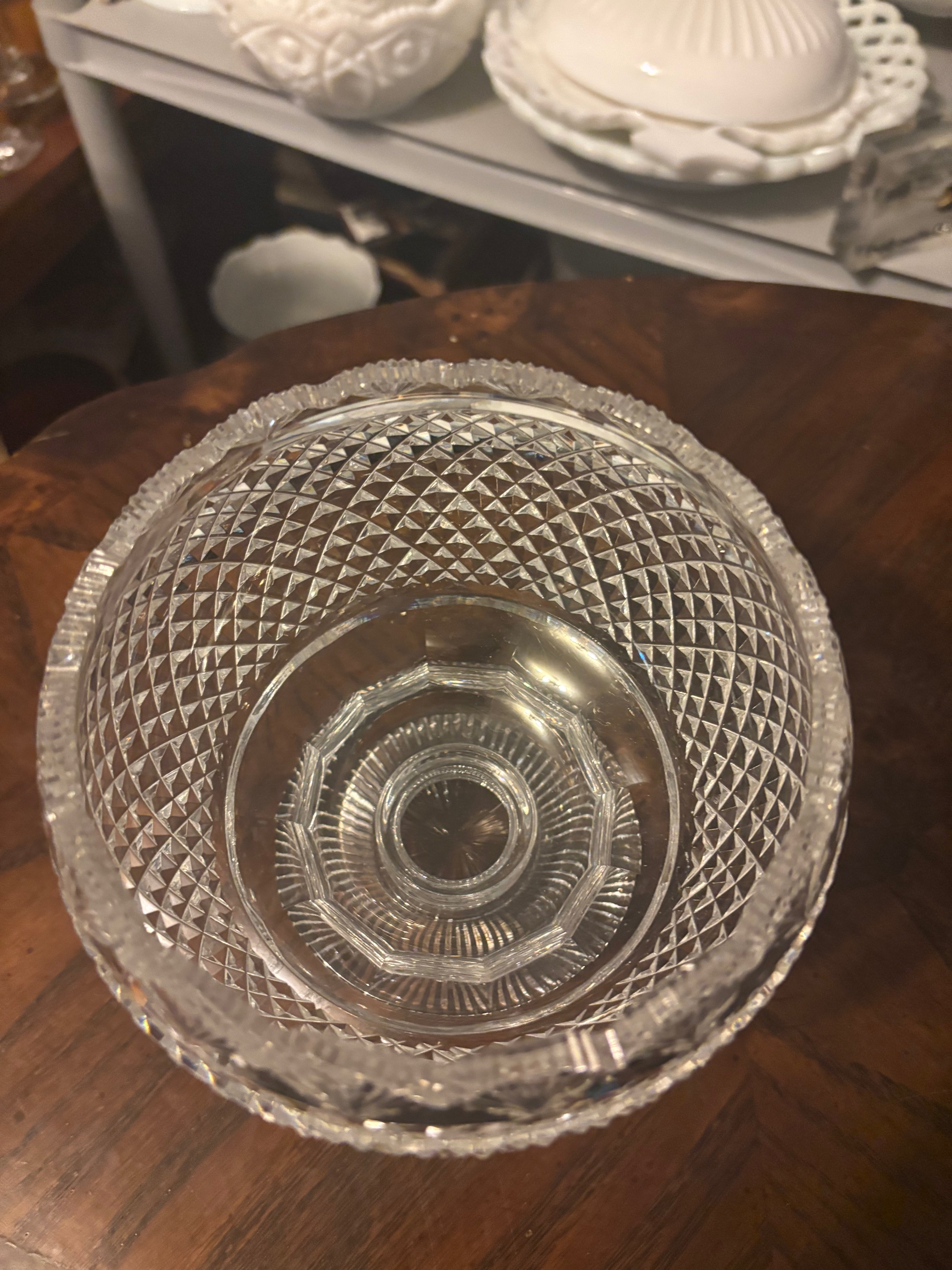 Brilliant Waterford Crystal Prestige Collection footed Fruit Bowl. Waterford cataloged as #2971751 scalloped rim with a crisscross pattern
