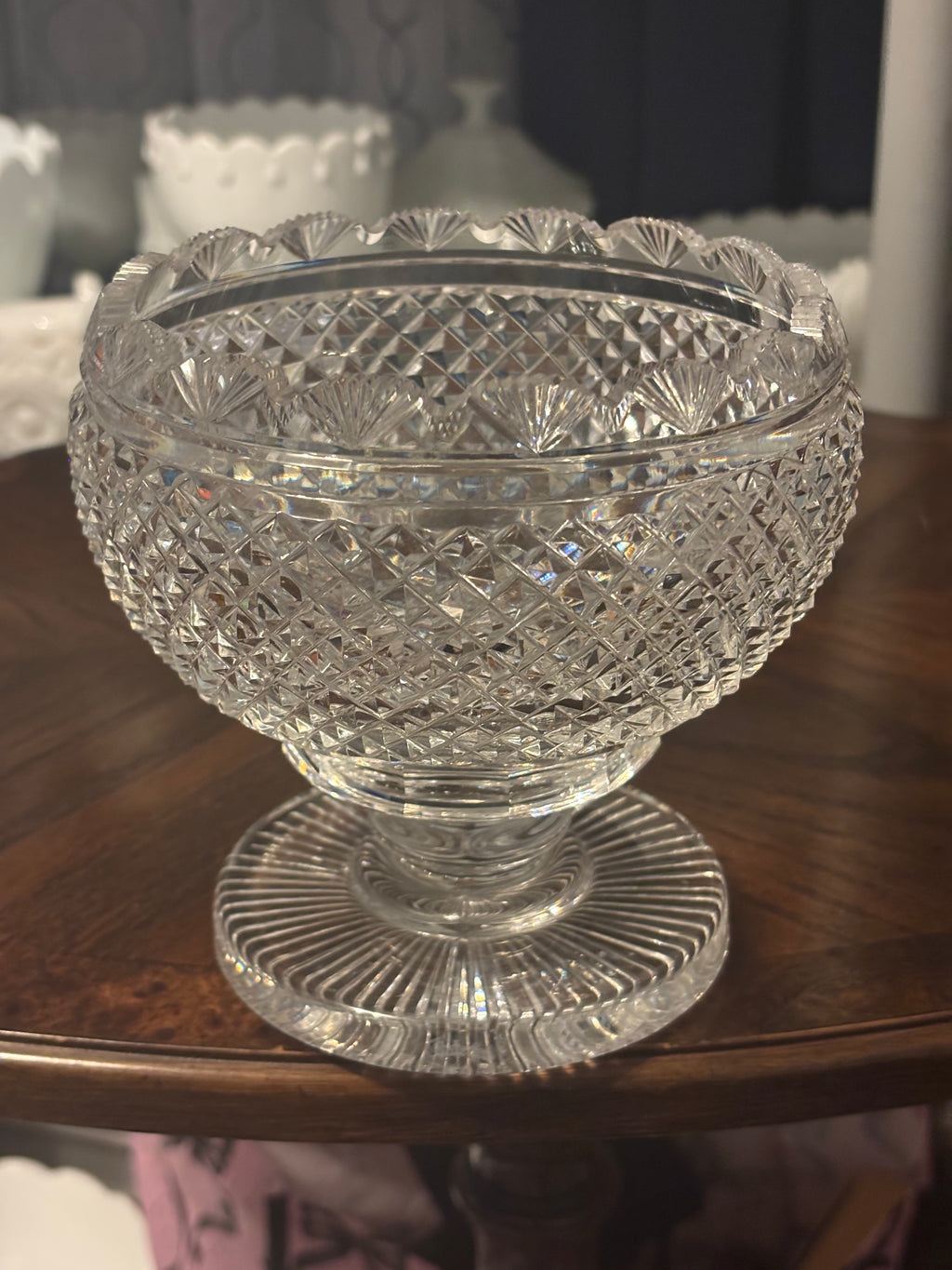 Brilliant Waterford Crystal Prestige Collection footed Fruit Bowl. Waterford cataloged as #2971751 scalloped rim with a crisscross pattern