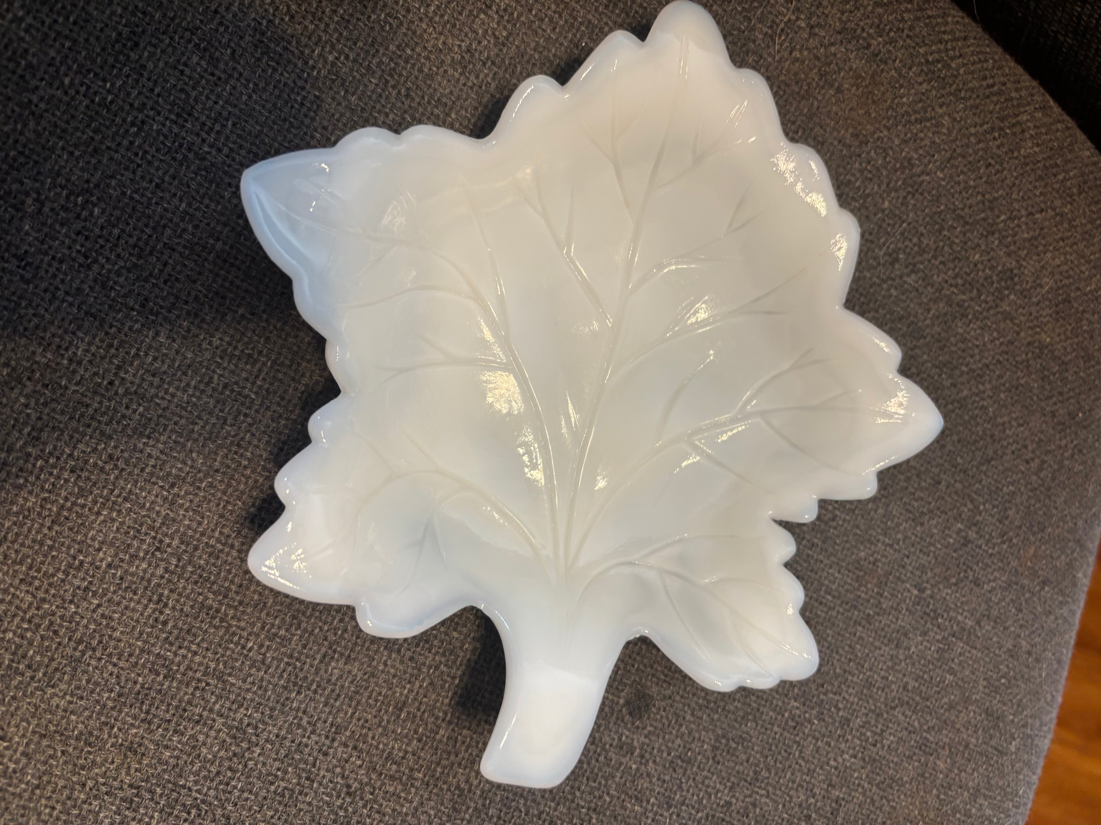 Milk glass leaf shaped candy tray