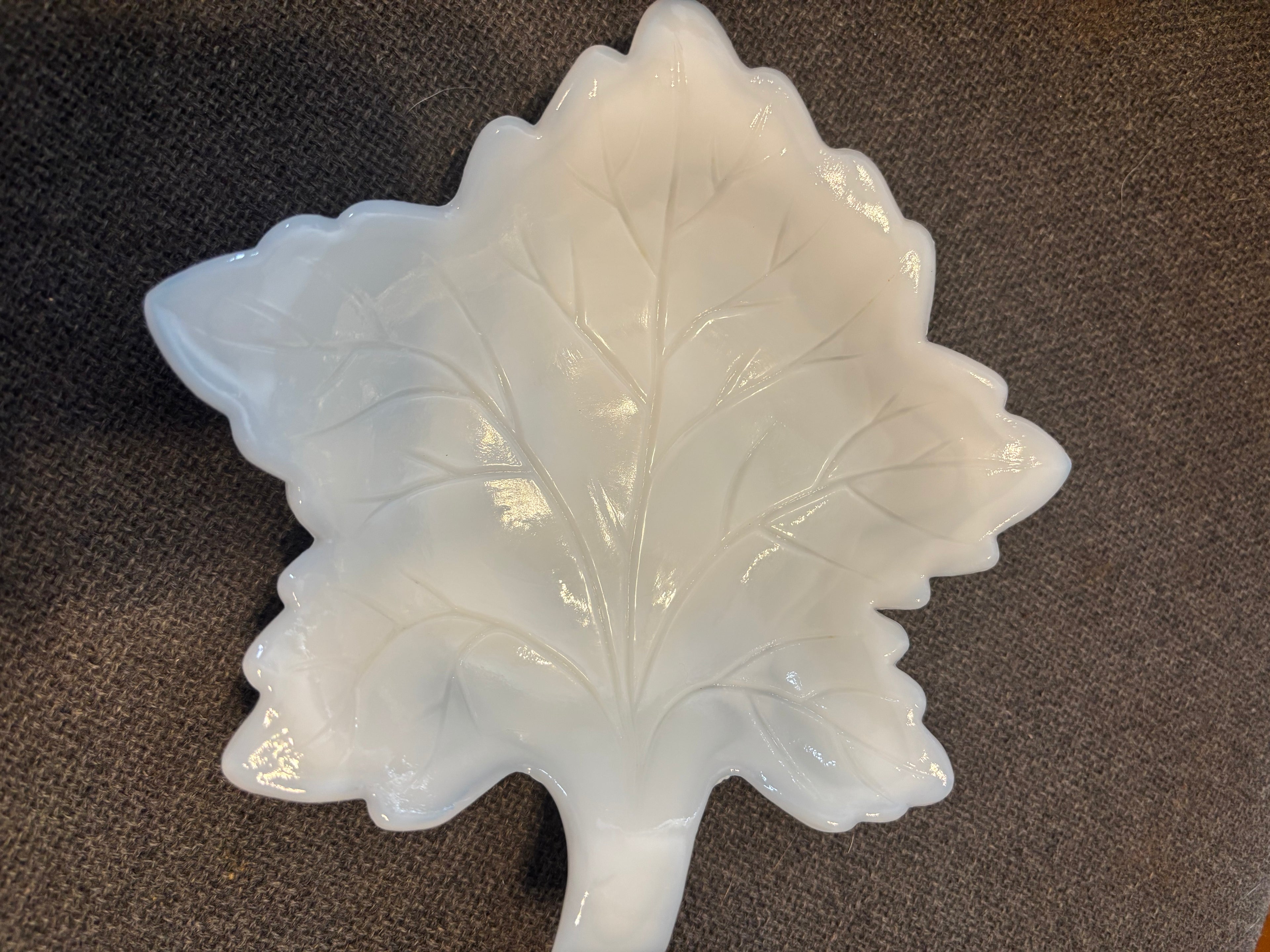 Milk glass leaf shaped candy tray